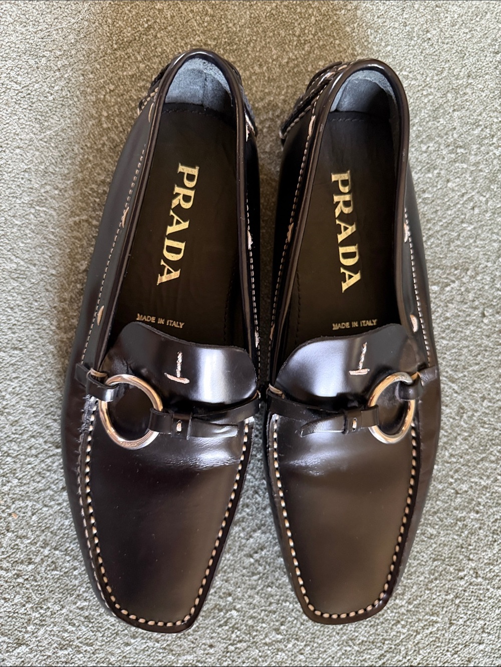 Prada Black Leather Loafers with Silver Ring Bit